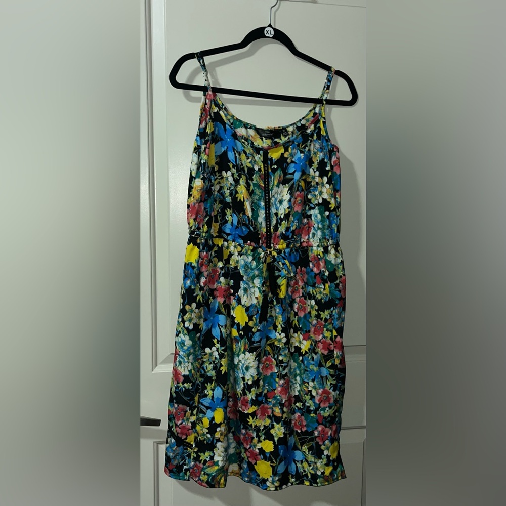 Mlle Gabrielle Black Floral Skater Dress with Blue, Yellow, Pink and Green